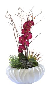 Orchid with Succulents in Wave Vase