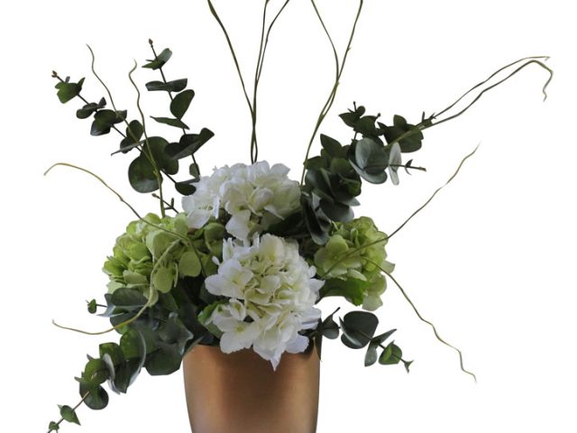 Hydrangea & Pennygum in Gold Vase